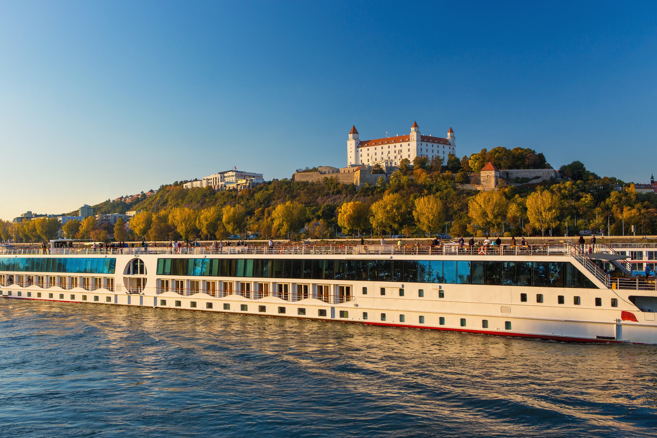 View on Bratislava castle and ship on the river Danube,Bratislava,Slovakia