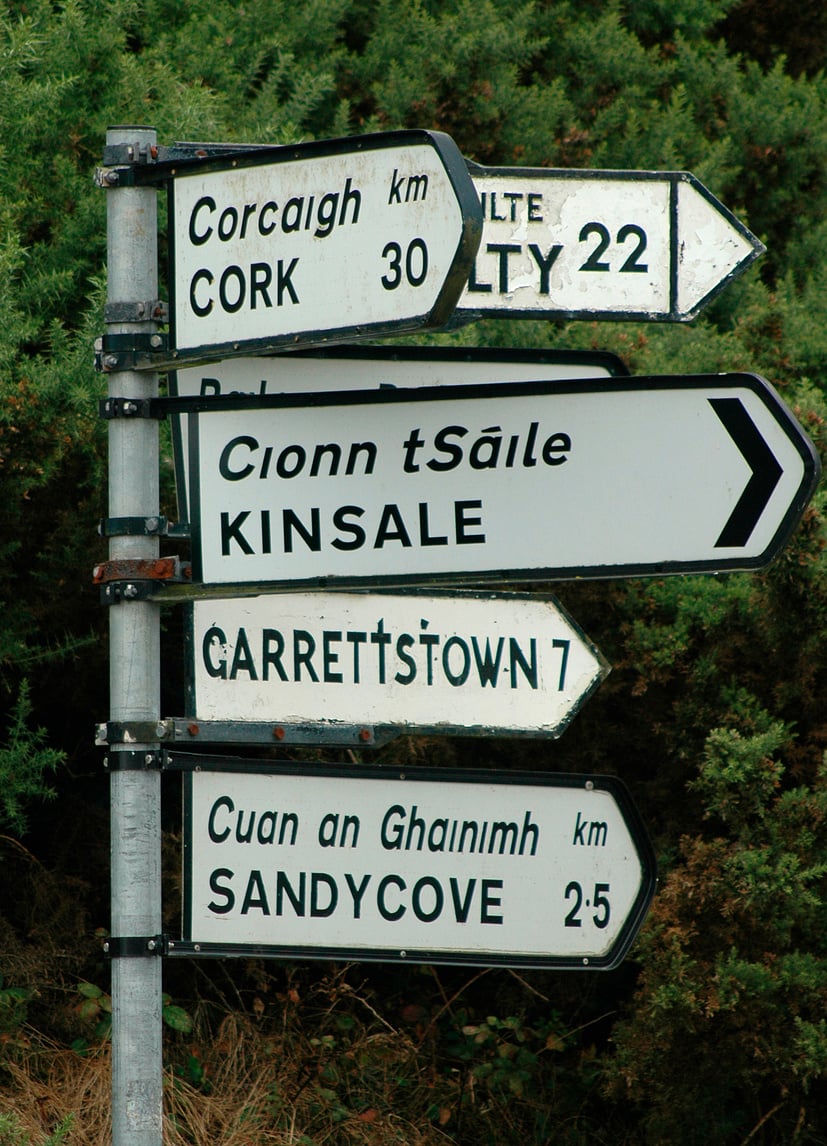 Irish road and directional sign listing several Irish towns